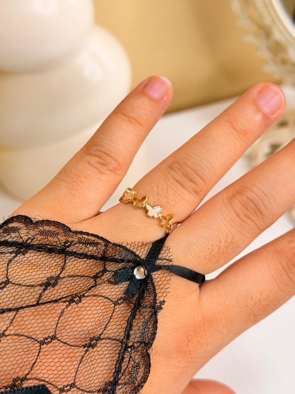 Golden Butterfly Pearl Ring