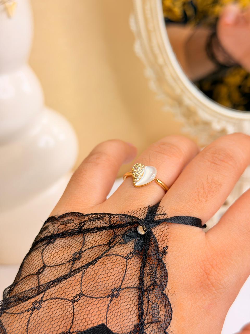 Golden Pearl Heart Ring