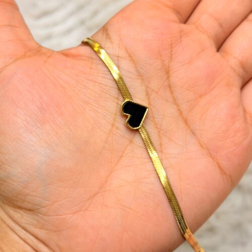 Gold Herringbone Black Enamel Heart Bracelet,
