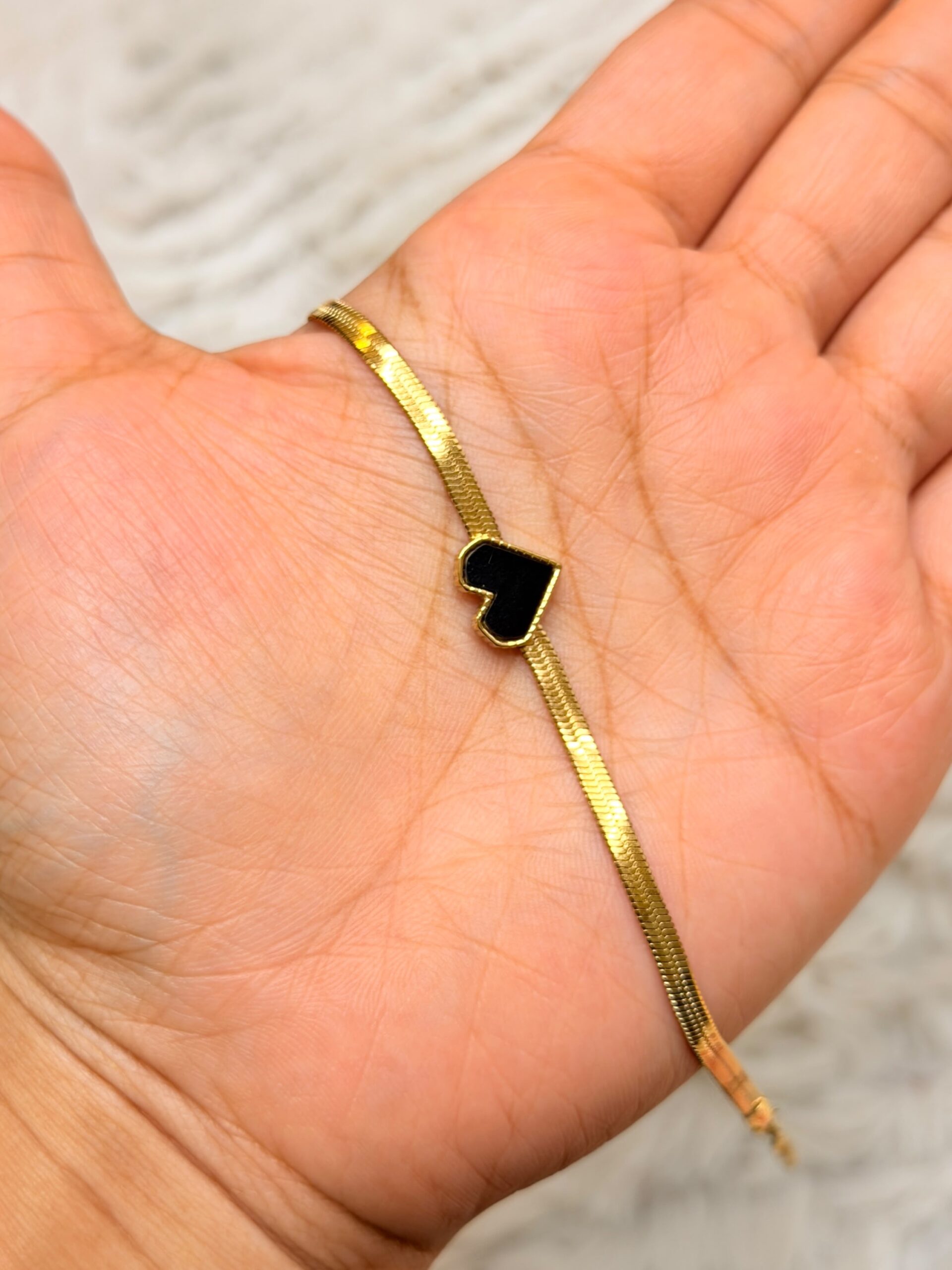 Gold Herringbone Black Enamel Heart Bracelet,